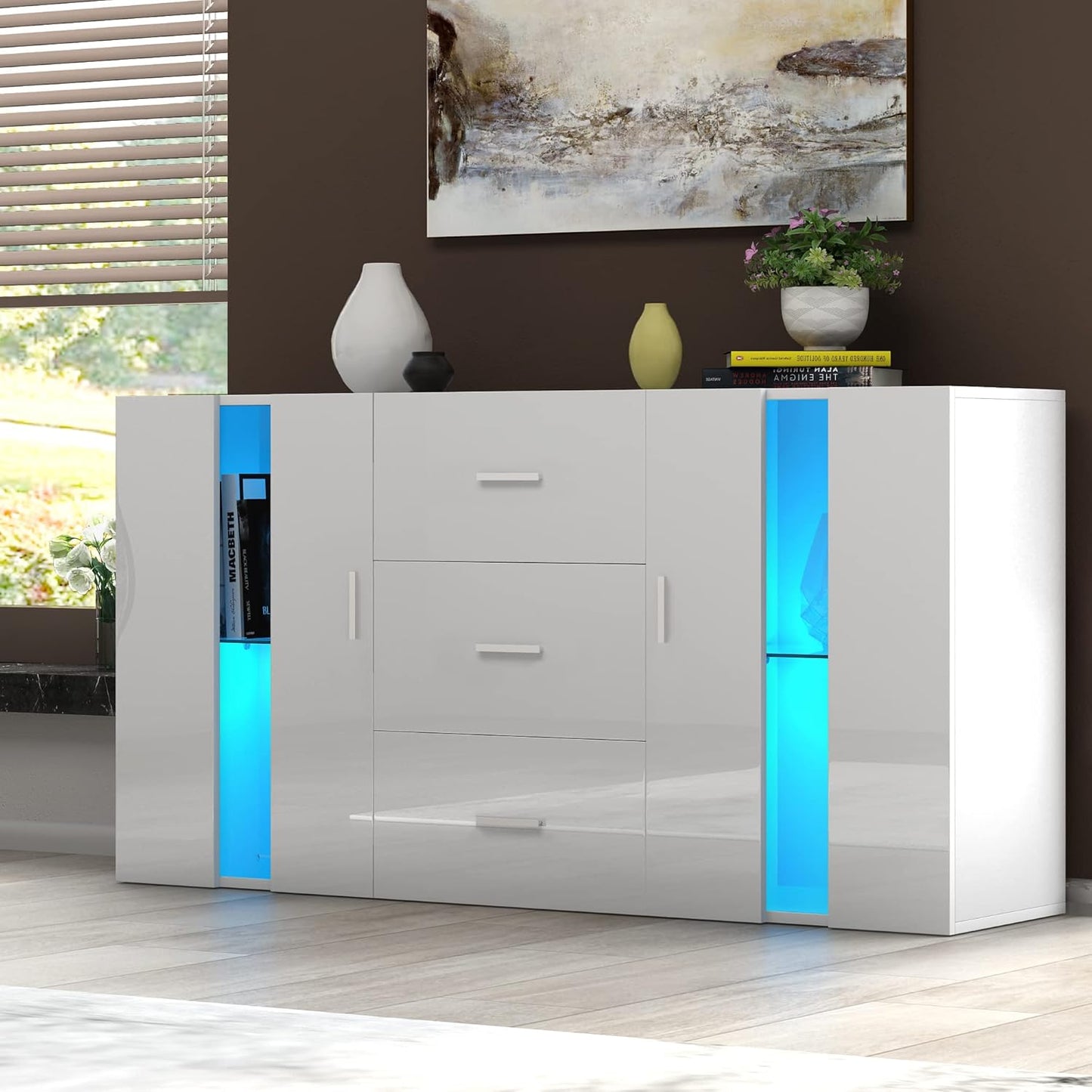 Panana Sideboard Modern Living Room Cupboard Unit Cabinet Furniture 2 Doors 3 Drawers LxDxH 135x32x70cm (White)