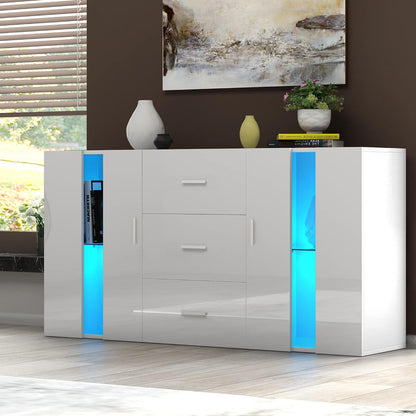 Panana Sideboard Modern Living Room Cupboard Unit Cabinet Furniture 2 Doors 3 Drawers LxDxH 135x32x70cm (White)