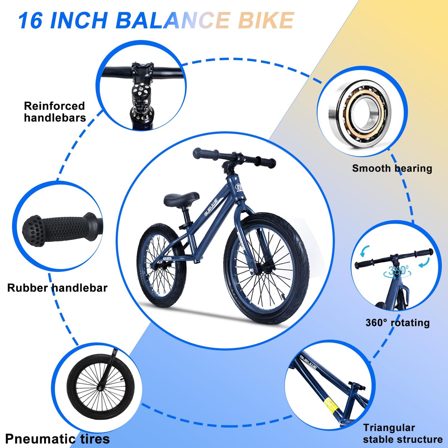 Bueuwe 16 Inch Balance Bike for Big Kids Aged 4 5 6 7 8 and 9 Years Old Boys Girls,Large No Pedal Training Bicycle, Adjustable Seat, Pneumatic Tires, Quick Assembly