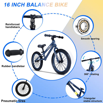 Bueuwe 16 Inch Balance Bike for Big Kids Aged 4 5 6 7 8 and 9 Years Old Boys Girls,Large No Pedal Training Bicycle, Adjustable Seat, Pneumatic Tires, Quick Assembly