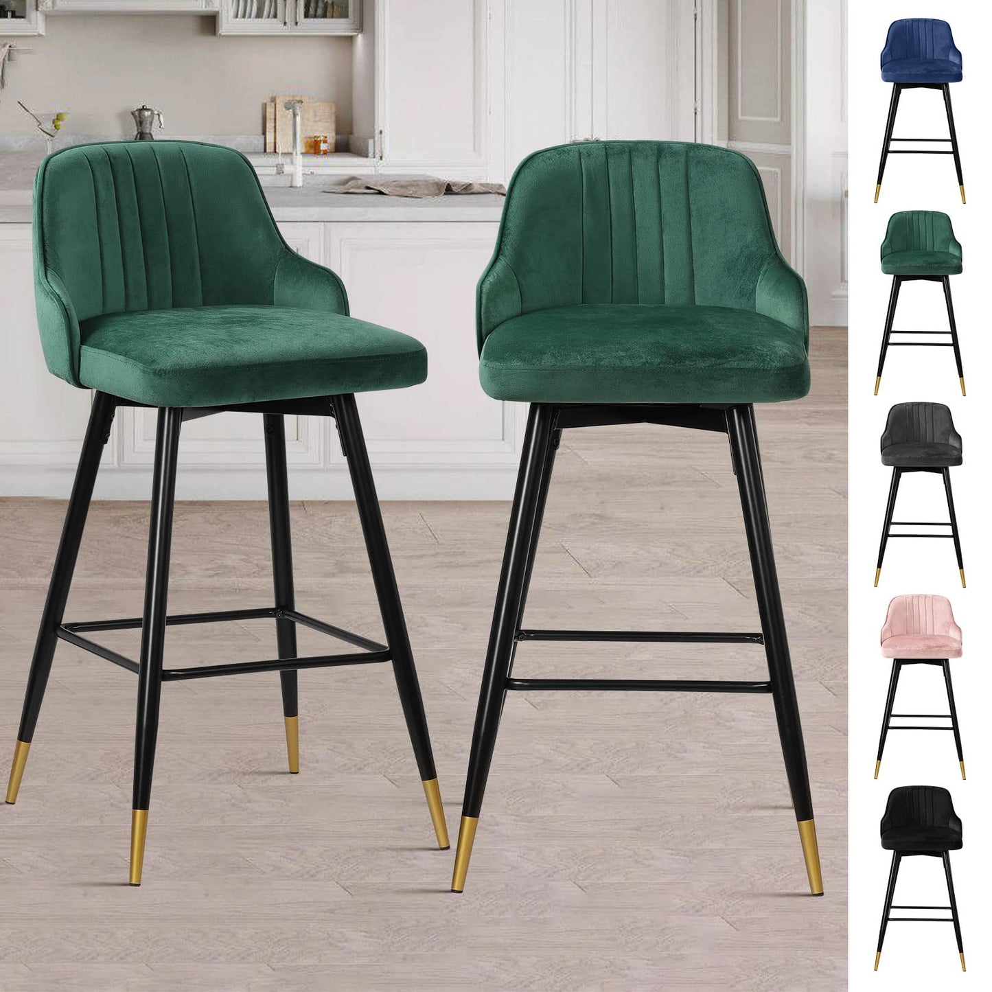 Bekrvio Upgraded Velvet Bar Stools Set of 2 – 360° Swivel Bar Chairs with Back & Footrest, Modern Kitchen Island Breakfast Stools, Support 150kg – New Version, Black