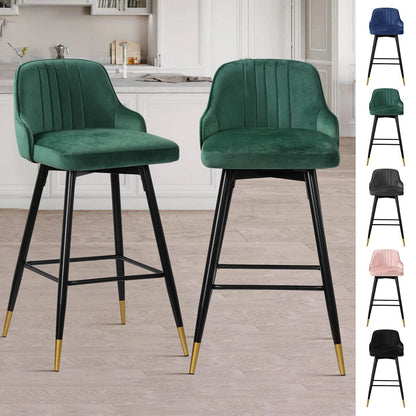Bekrvio Upgraded Velvet Bar Stools Set of 2 – 360° Swivel Bar Chairs with Back & Footrest, Modern Kitchen Island Breakfast Stools, Support 150kg – New Version, Black