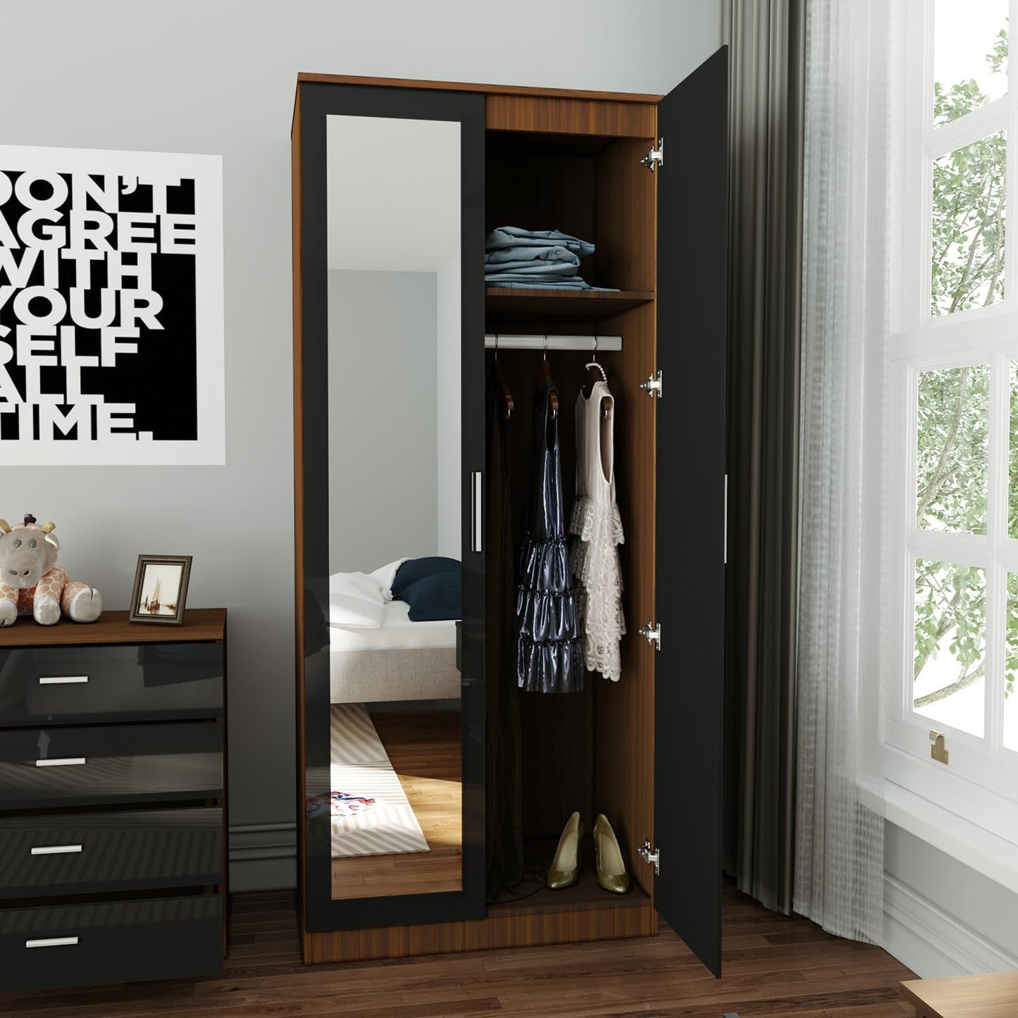 ELEGANT 3 Pieces Bedroom Furniture Sets High Gloss Soft Close Wardrobe with Mirror + 4 Storage Drawer Chest of Drawers Bedside Cabinet, Black and Set