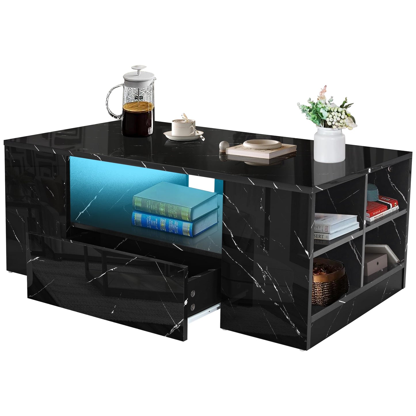 High Gloss Coffee Table, Coffee Table with Storage, Coffee Tables for Living Room with Led RGB Lights 2 Drawer Storage and Open Shelf Rectangle Centre Tea Table for Home Office Furniture, Grey