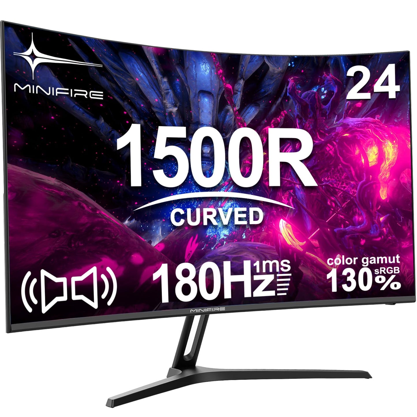 24 inch Curved Gaming Monitor 180Hz, 1ms, 130% sRGB, With Speakers, HDR, FreeSync, 300cd/m², VA, FHD 1080P, Frameless, HDMI1.4 DP1.2 Ports (MFG24C1 HDMI included)