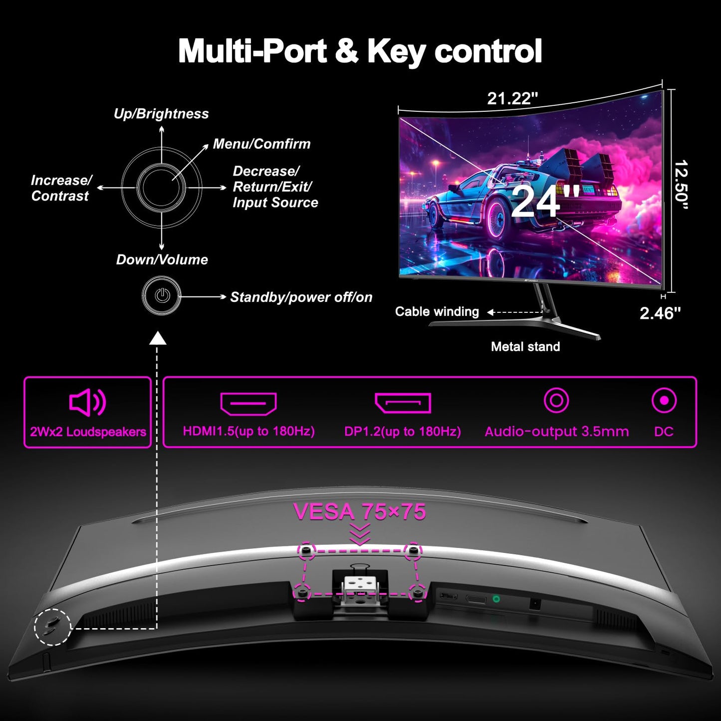 24 inch Curved Gaming Monitor 180Hz, 1ms, 130% sRGB, With Speakers, HDR, FreeSync, 300cd/m², VA, FHD 1080P, Frameless, HDMI1.4 DP1.2 Ports (MFG24C1 HDMI included)