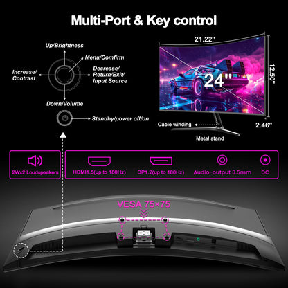 24 inch Curved Gaming Monitor 180Hz, 1ms, 130% sRGB, With Speakers, HDR, FreeSync, 300cd/m², VA, FHD 1080P, Frameless, HDMI1.4 DP1.2 Ports (MFG24C1 HDMI included)