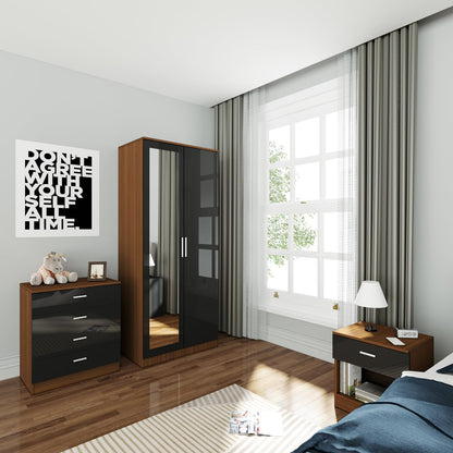 ELEGANT 3 Pieces Bedroom Furniture Sets High Gloss Soft Close Wardrobe with Mirror + 4 Storage Drawer Chest of Drawers Bedside Cabinet, Black and Set