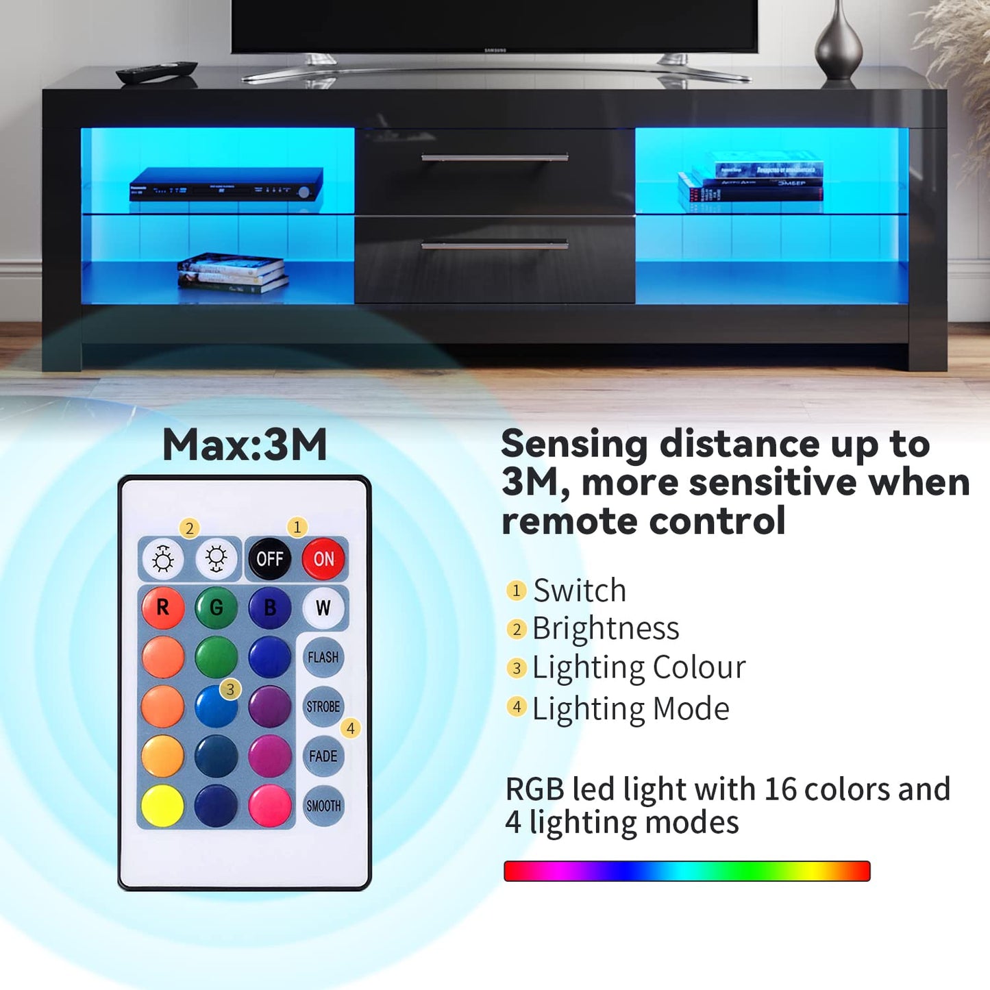 ELEGANT 1200mm LED TV Cabinet Modern White Gloss TV Stand with Ambient Lights for Living Room and Bedroom with Storage Furniture for 32 40 43 50 inch 4k TV