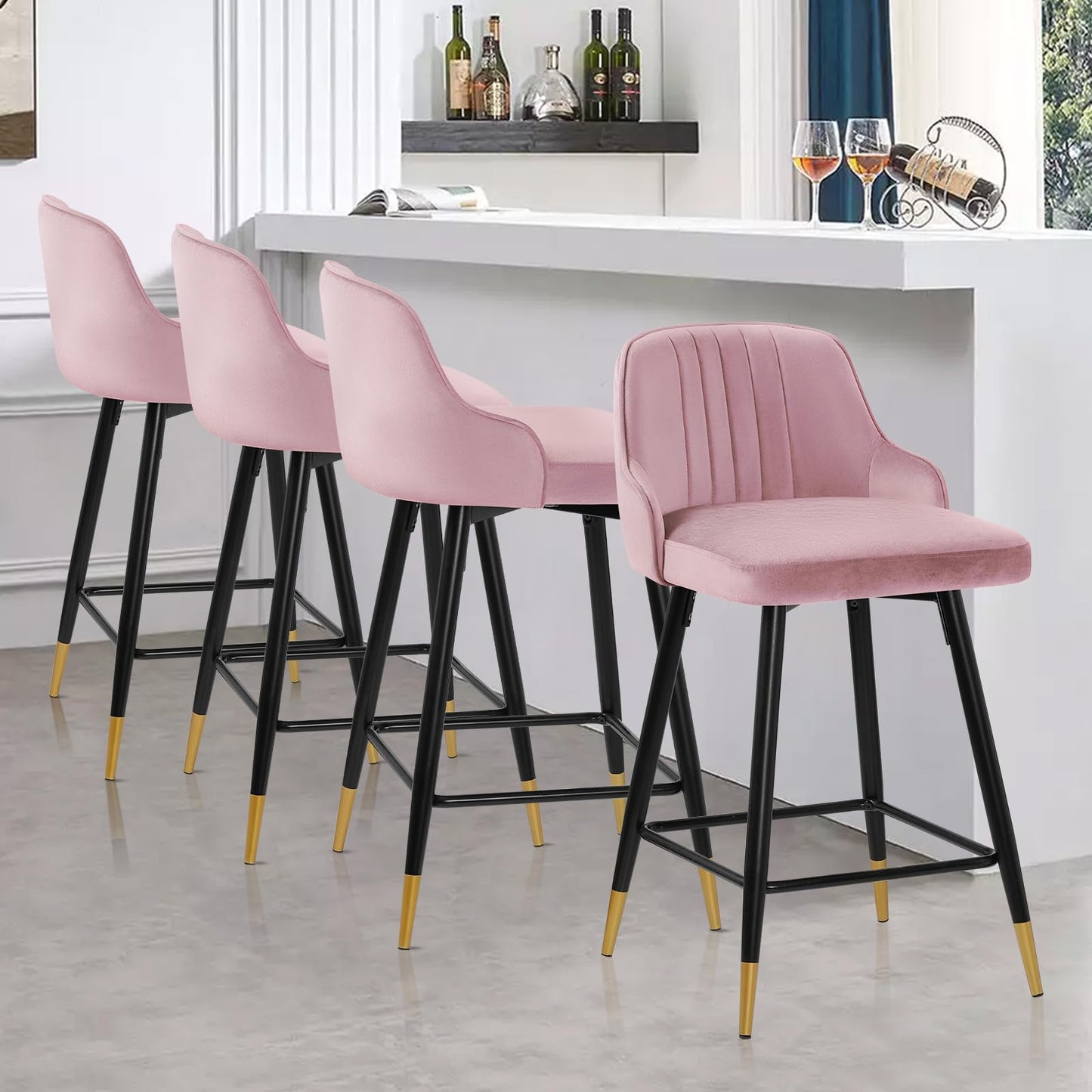 Bekrvio Upgraded Velvet Bar Stools Set of 2 – 360° Swivel Bar Chairs with Back & Footrest, Modern Kitchen Island Breakfast Stools, Support 150kg – New Version, Black