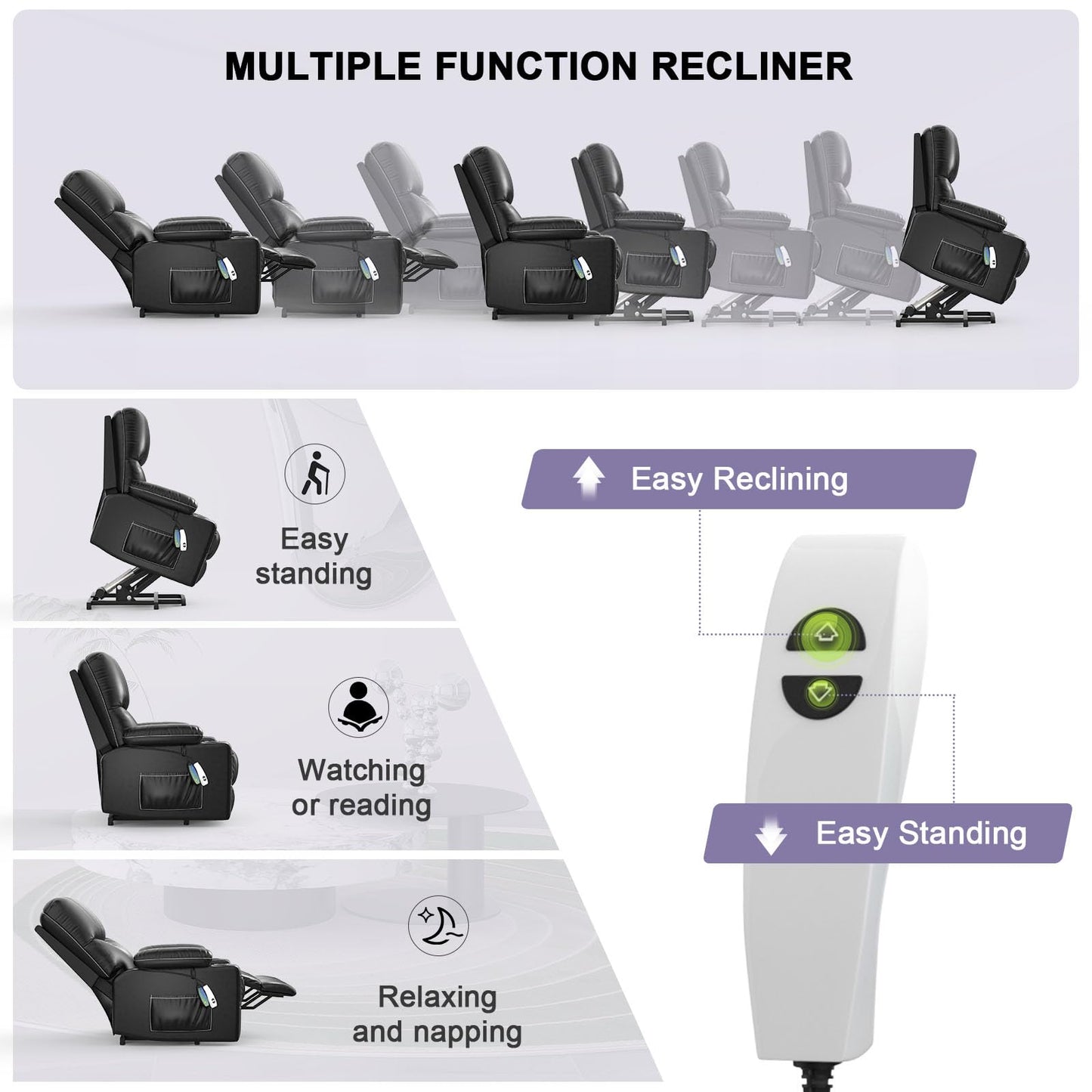 BareTay Recliner Armchair Electric Lift Chair with Massage & Heat, Extended Footrest, Oversized Riser Reclining Chair Lounge Sofa with Type C+USB, 2 Drink Holders, 4 Side Pockets
