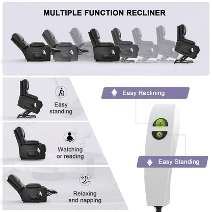 BareTay Recliner Armchair Electric Lift Chair with Massage & Heat, Extended Footrest, Oversized Riser Reclining Chair Lounge Sofa with Type C+USB, 2 Drink Holders, 4 Side Pockets