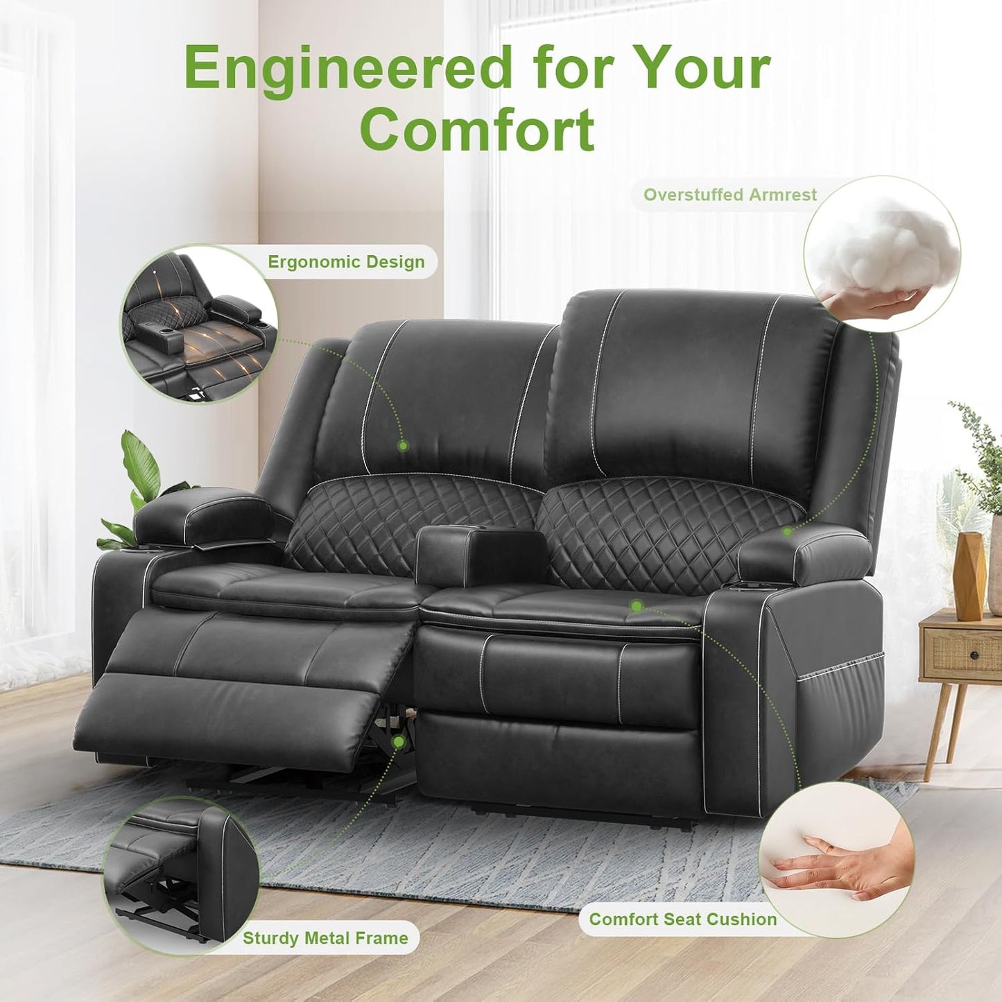 2 Seat Recliner Sofa, Reclining Loveseat with USB Charge Ports, 3 Cup Holders, 2 Side storage Pockets Recliner Love Seat Couches for Living Room, RV