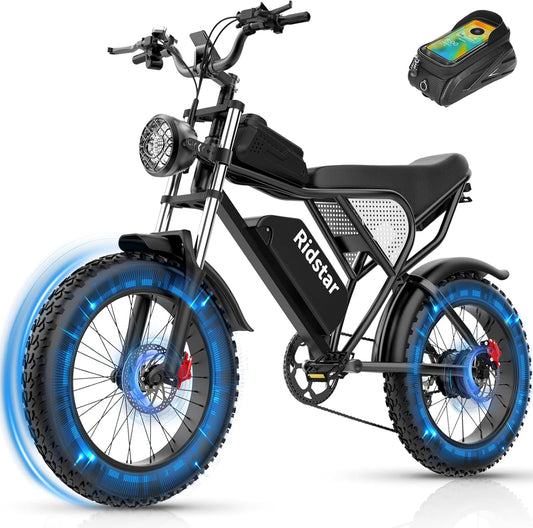 Q20 Electric Bike, 75 Miles Long Range, 48V 20Ah Removable Battery, 90Nm High Torque Motor, 7 Speed Gears, 20" Fat Tyres and Dual Suspension, Max Load 150kg for Mountain, Commuting