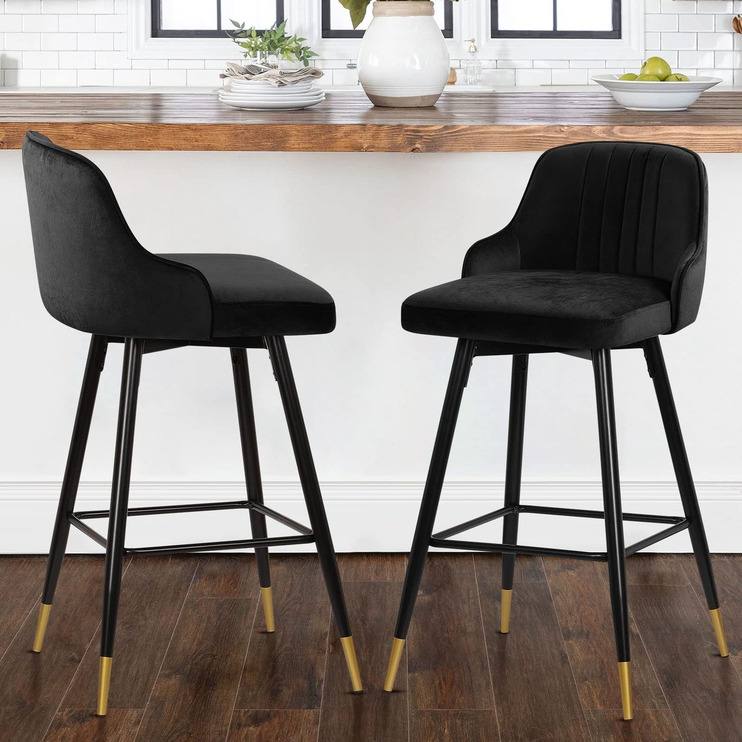 Bekrvio Upgraded Velvet Bar Stools Set of 2 – 360° Swivel Bar Chairs with Back & Footrest, Modern Kitchen Island Breakfast Stools, Support 150kg – New Version, Black