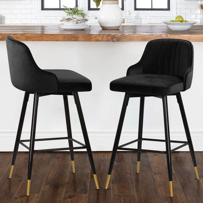 Bekrvio Upgraded Velvet Bar Stools Set of 2 – 360° Swivel Bar Chairs with Back & Footrest, Modern Kitchen Island Breakfast Stools, Support 150kg – New Version, Black