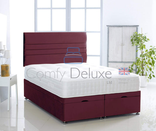 Plush Velvet Ottoman Divan Bed Foot Lift Open With 1000 Pocket Mattress And Horizontal Lined Headboard | Gas Lift Ottoman Storage Divan Bed Set (Silver, 5.0FT King Size)
