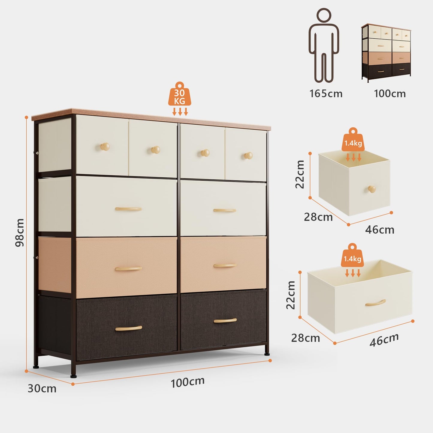 Nicehill Dresser for Bedroom with 10 Drawers, Storage Drawer Organizer, Tall Chest of Drawers for Closet, Clothes, Kids, Baby, Living Room, Wood Board, Fabric Drawers(Black Wood Grain)