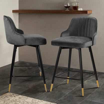 Bekrvio Upgraded Velvet Bar Stools Set of 2 – 360° Swivel Bar Chairs with Back & Footrest, Modern Kitchen Island Breakfast Stools, Support 150kg – New Version, Black