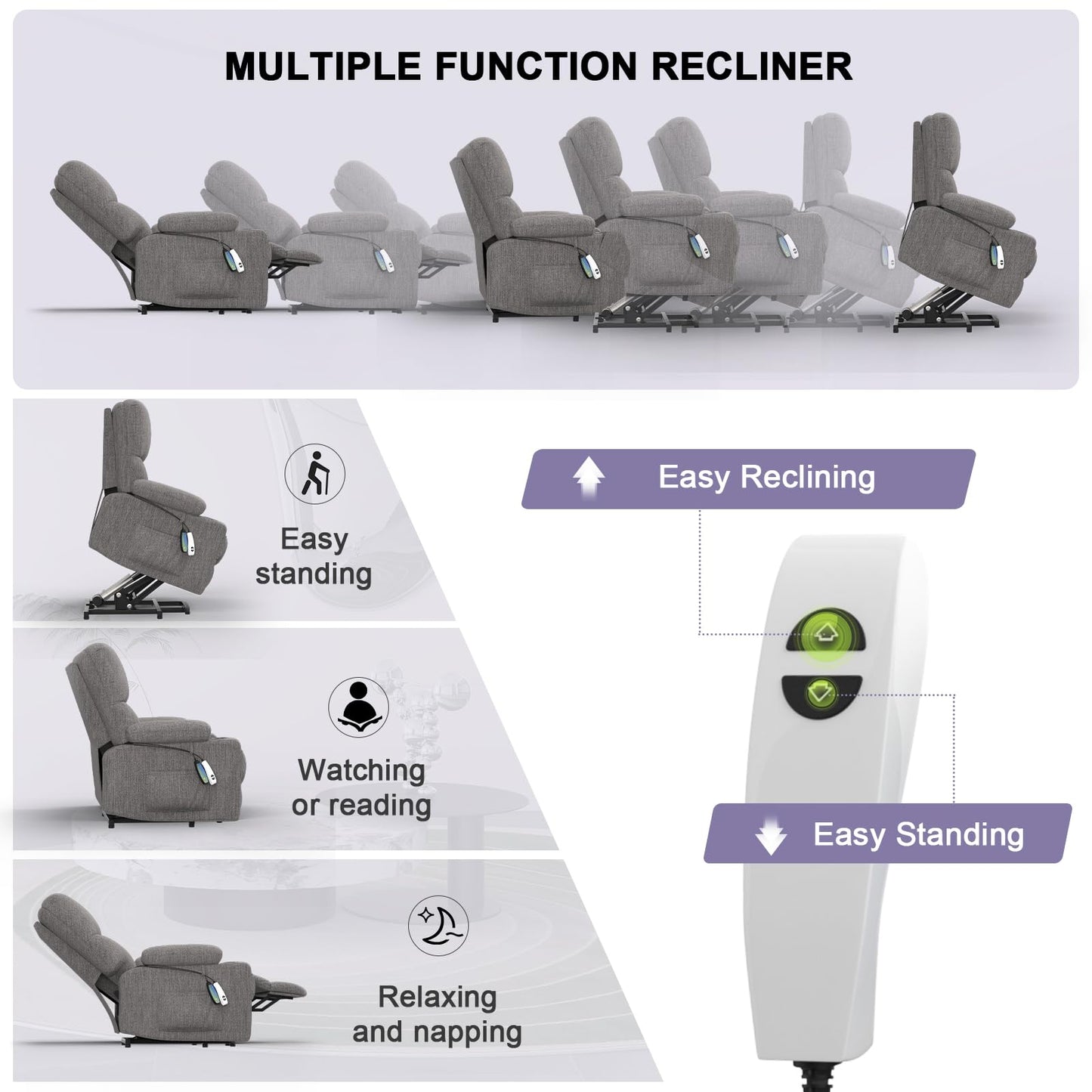 BareTay Recliner Armchair Electric Lift Chair with Massage & Heat, Extended Footrest, Oversized Riser Reclining Chair Lounge Sofa with Type C+USB, 2 Drink Holders, 4 Side Pockets