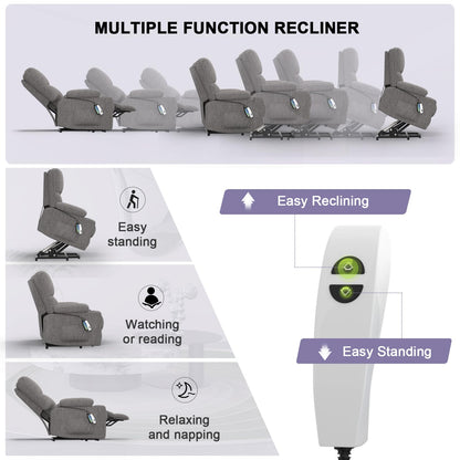 BareTay Recliner Armchair Electric Lift Chair with Massage & Heat, Extended Footrest, Oversized Riser Reclining Chair Lounge Sofa with Type C+USB, 2 Drink Holders, 4 Side Pockets