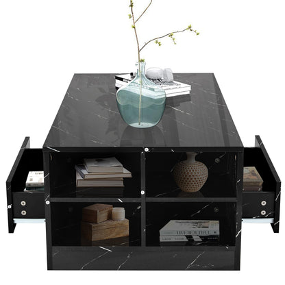 High Gloss Coffee Table, Coffee Table with Storage, Coffee Tables for Living Room with Led RGB Lights 2 Drawer Storage and Open Shelf Rectangle Centre Tea Table for Home Office Furniture, Grey