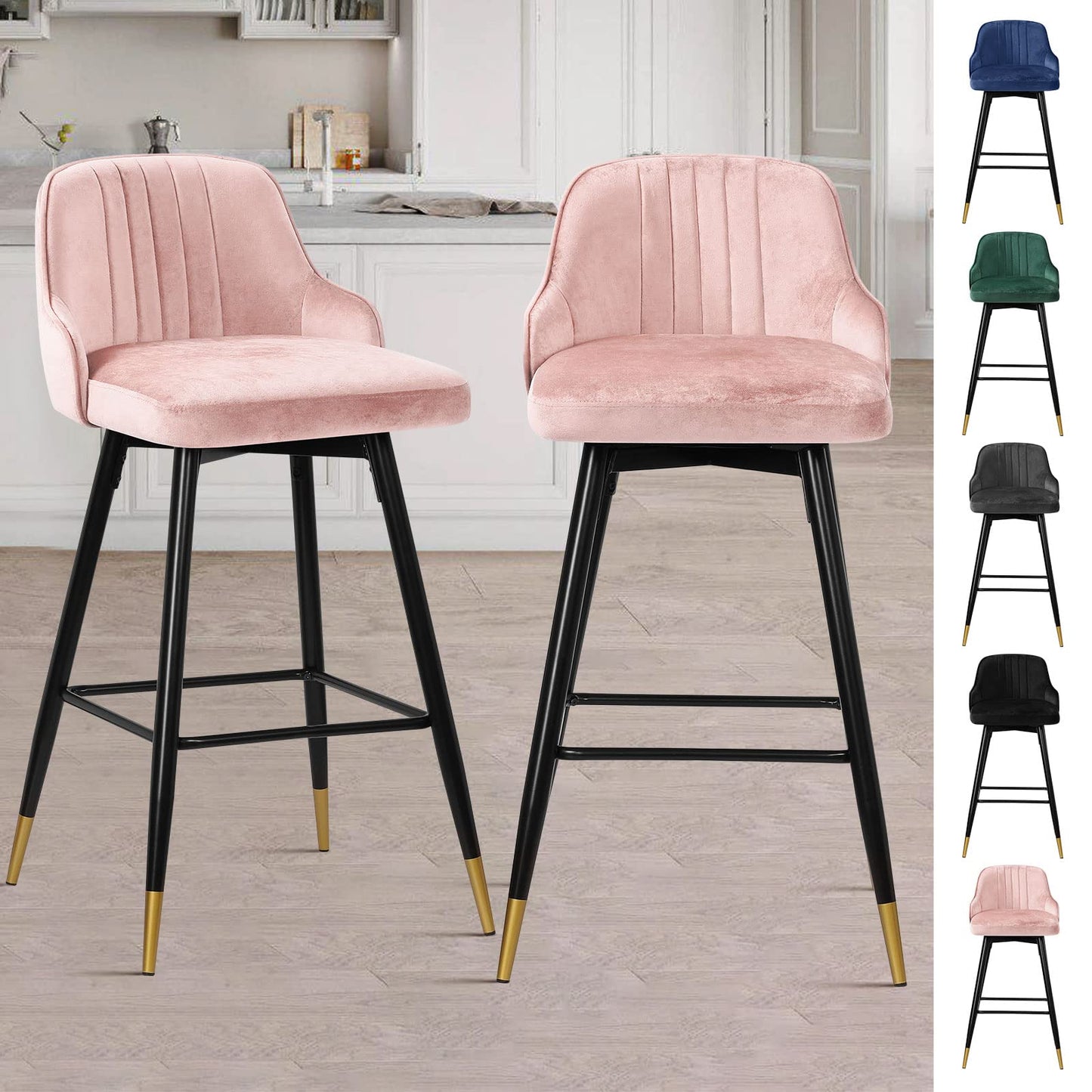 Bekrvio Upgraded Velvet Bar Stools Set of 2 – 360° Swivel Bar Chairs with Back & Footrest, Modern Kitchen Island Breakfast Stools, Support 150kg – New Version, Black