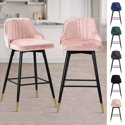 Bekrvio Upgraded Velvet Bar Stools Set of 2 – 360° Swivel Bar Chairs with Back & Footrest, Modern Kitchen Island Breakfast Stools, Support 150kg – New Version, Black