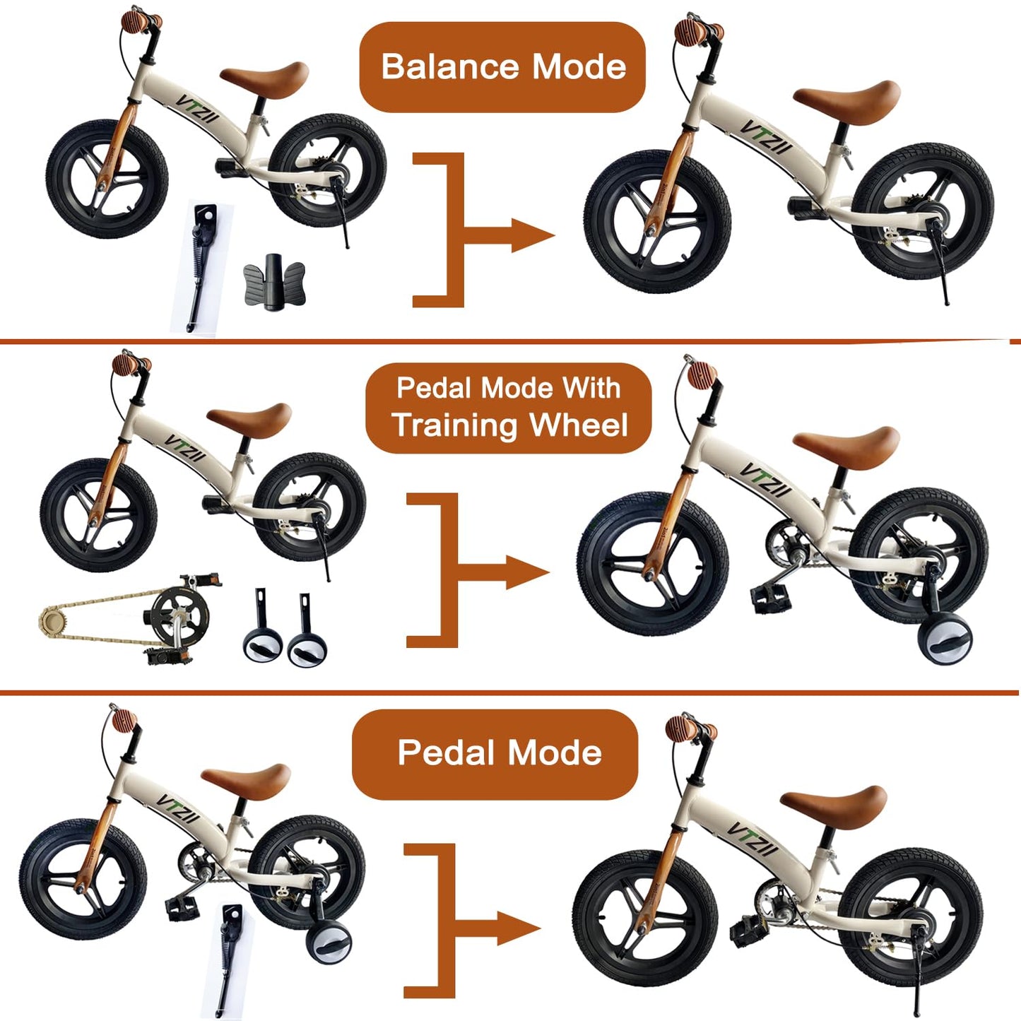 VTZII Balance Bike 2 in 1 with Pedals Brake Training Wheels Kickstand Pneumatic tyre,for Kids 2-7 Years Old,Kids Bike 12 14 16 inch