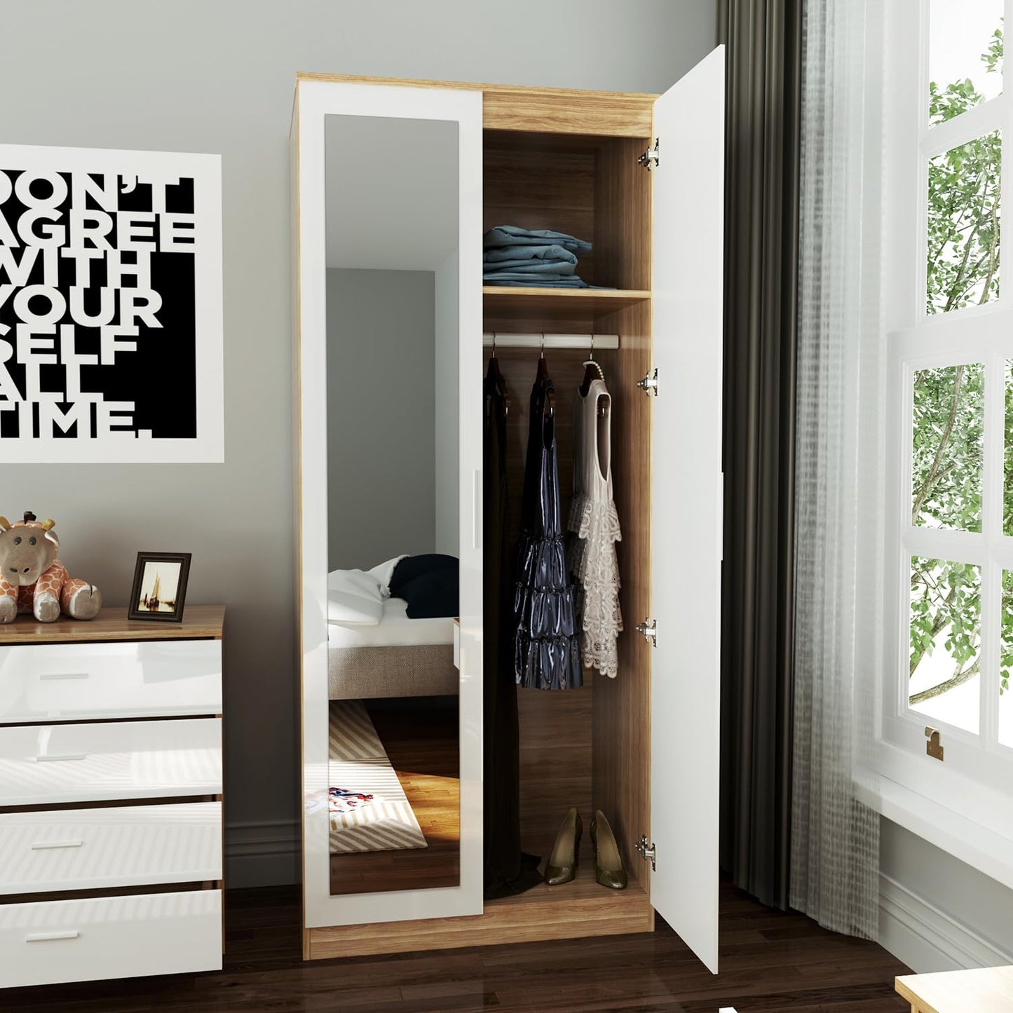 ELEGANT 3 Pieces Bedroom Furniture Sets High Gloss Soft Close Wardrobe with Mirror + 4 Storage Drawer Chest of Drawers Bedside Cabinet, Black and Set