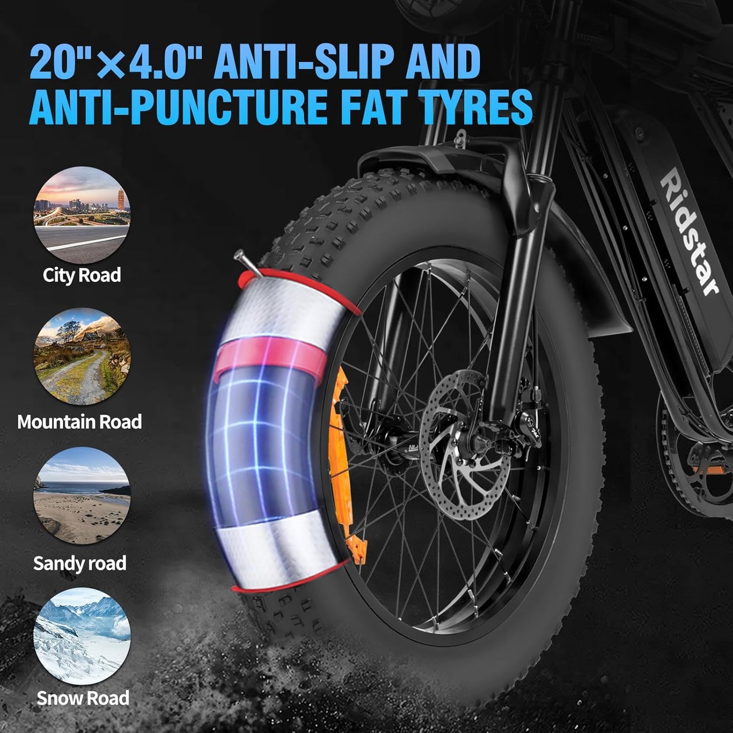 Q20 Electric Bike, 75 Miles Long Range, 48V 20Ah Removable Battery, 90Nm High Torque Motor, 7 Speed Gears, 20" Fat Tyres and Dual Suspension, Max Load 150kg for Mountain, Commuting