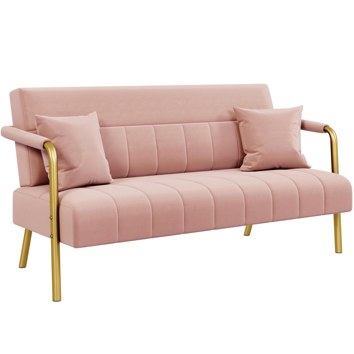 Yaheetech 2 Seater Modern Sofa Velvet Fabric Loveseat with Gold-tone Metal Arms and Legs for Bedroom, Home Office, Studio, Living Room Furniture Pink
