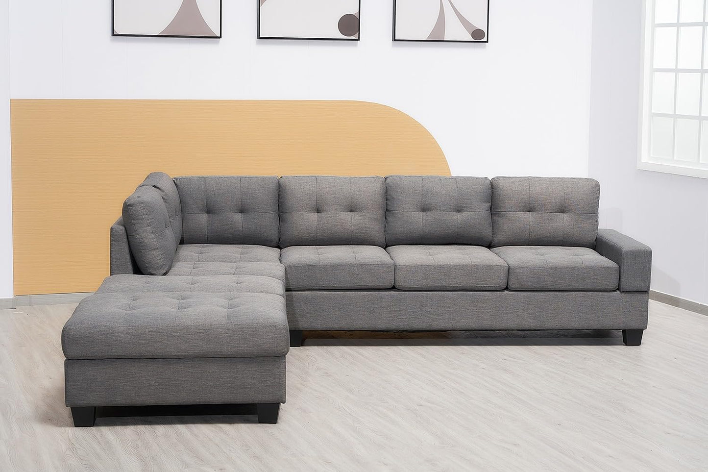 Western Grey Fabric Corner Sofa suite With Drop Down Cup Holder And Ottoman for livingrooms -Cheap sofas & couches-3020 (Grey Fabric, Right Hand Side)