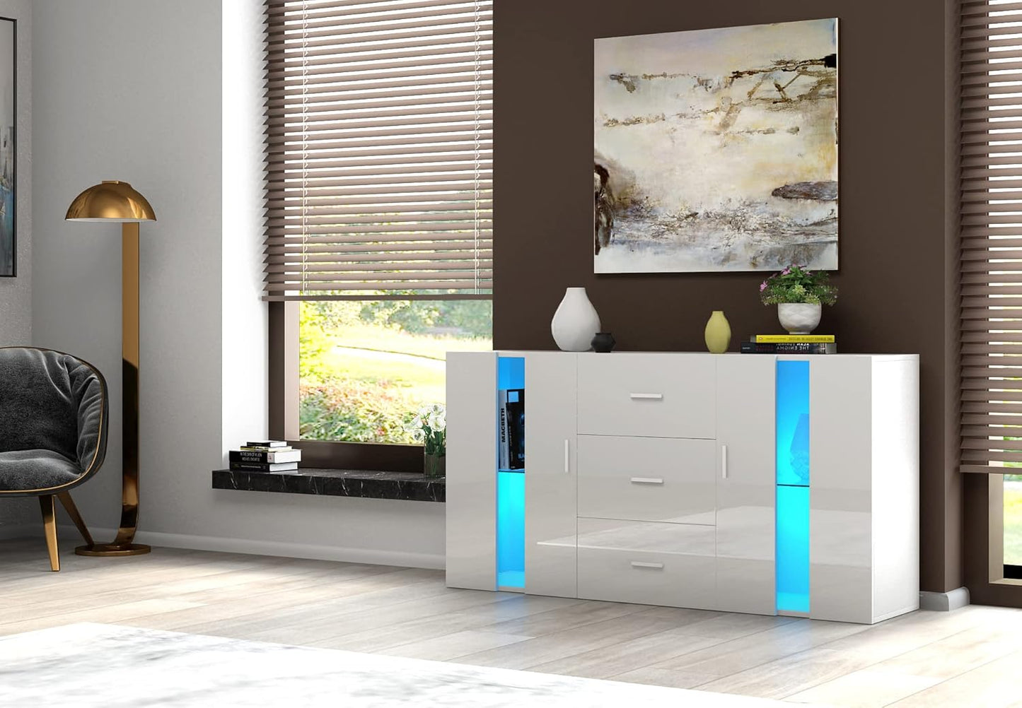 Panana Sideboard Modern Living Room Cupboard Unit Cabinet Furniture 2 Doors 3 Drawers LxDxH 135x32x70cm (White)