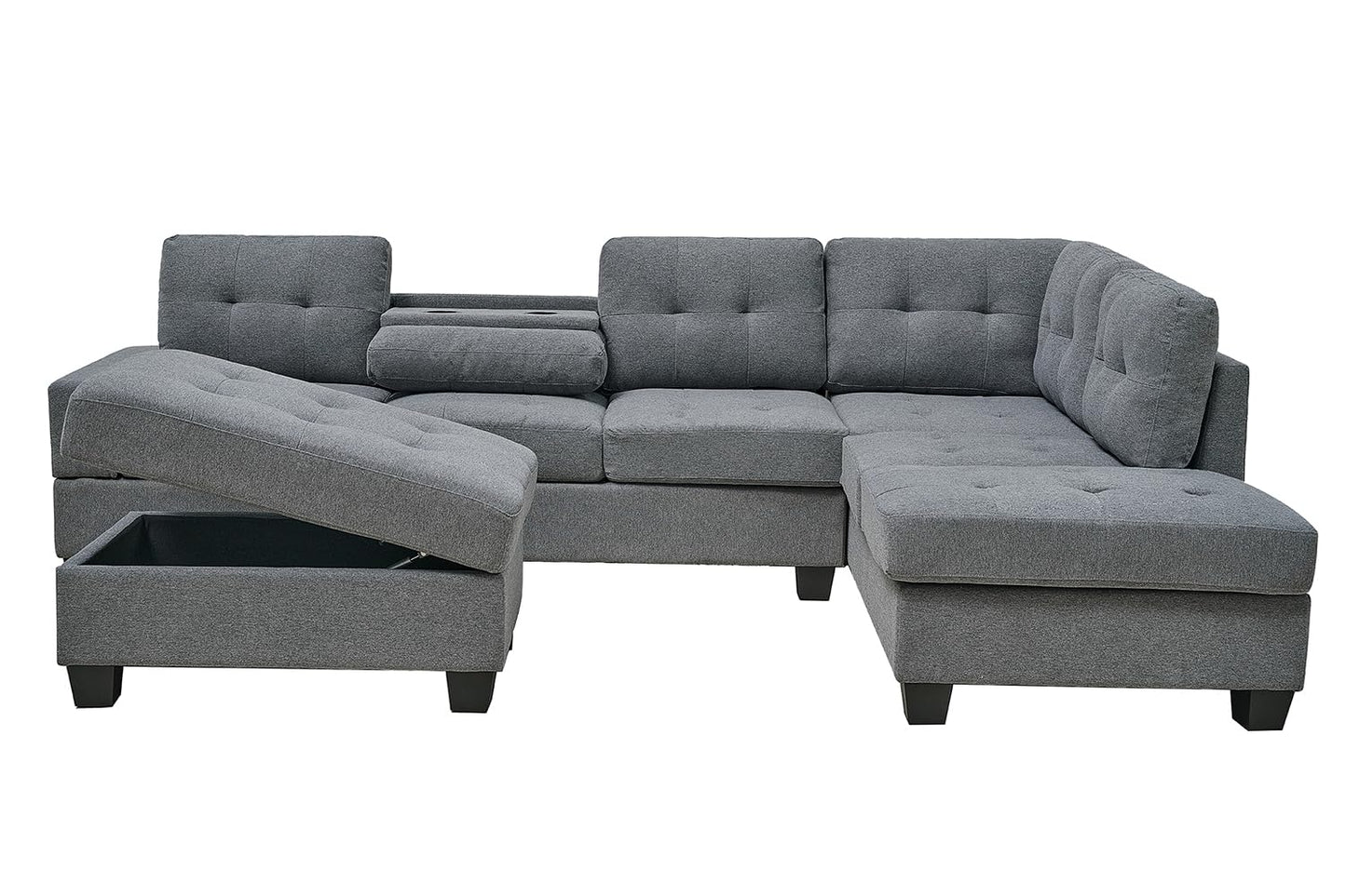 Western Grey Fabric Corner Sofa suite With Drop Down Cup Holder And Ottoman for livingrooms -Cheap sofas & couches-3020 (Grey Fabric, Right Hand Side)