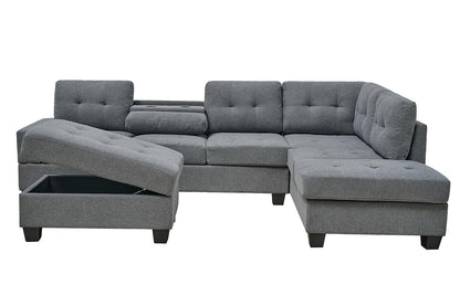 Western Grey Fabric Corner Sofa suite With Drop Down Cup Holder And Ottoman for livingrooms -Cheap sofas & couches-3020 (Grey Fabric, Right Hand Side)