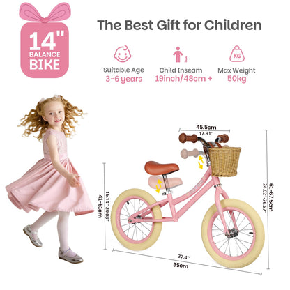 H.yeed 14 Inch Kids Balance Bike, Lightweight Height-adjustable Push Bike with Removable Basket and Rubber Air Tires, Toddler Training Bike for 3-6 Years Old Boys Girls（No Flower）