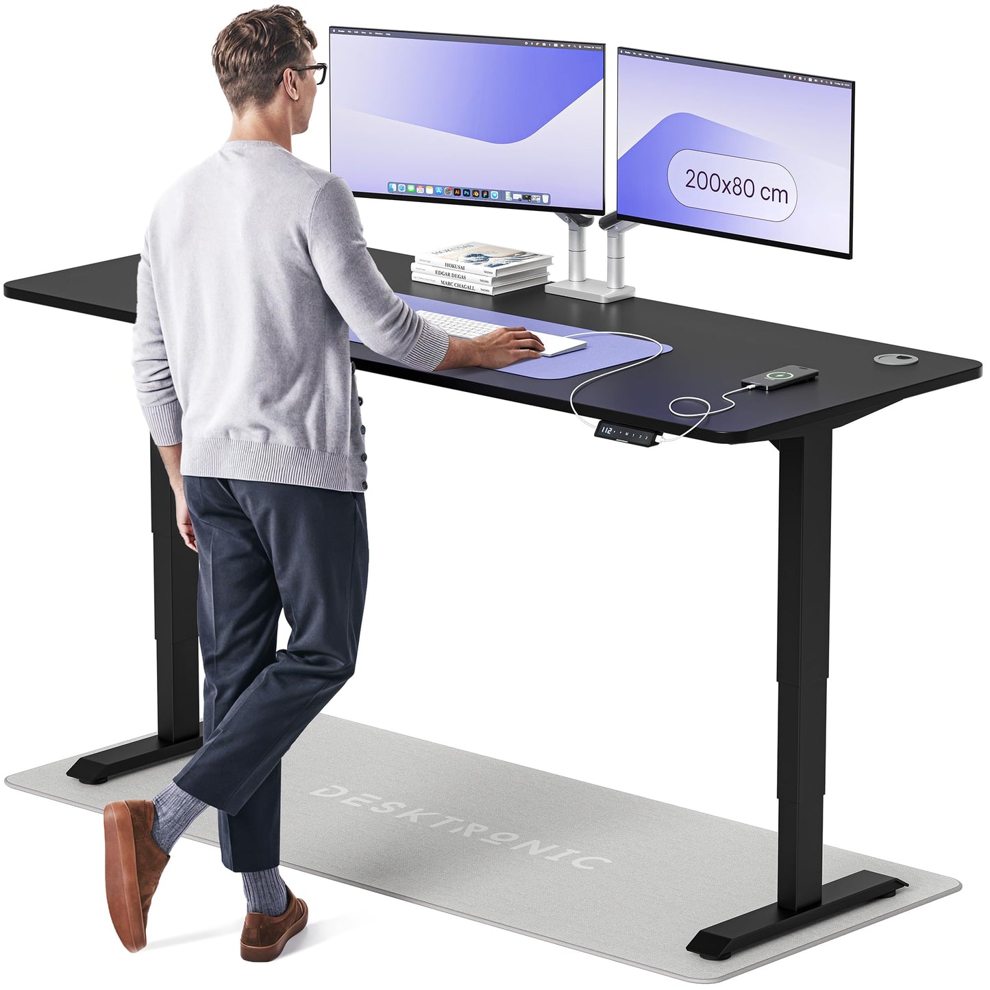 Height-Adjustable Desk 180 x 80cm - Standing Desk - Integrated USB/USB-C - 3 Memory Presets - Dual Motor Electric Touchscreen Stand Up Table - Great Gift for Smart Home Solutions