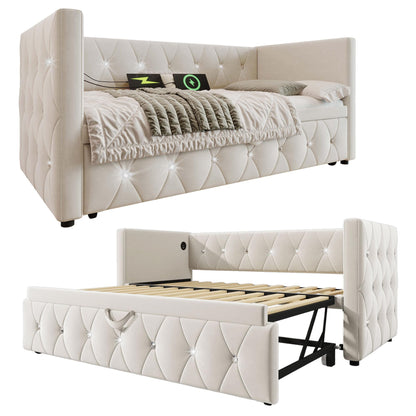 Jtyca Daybed, Trundle Bed, Upholstered Single Bed with Pull Out Bed, Sofa Bed with USB-Type C-Charging Sations, Pull Out Trundle for Living Room and Bedroom, 90 x 190 cm, Velvet, Grey, (No Mattress)