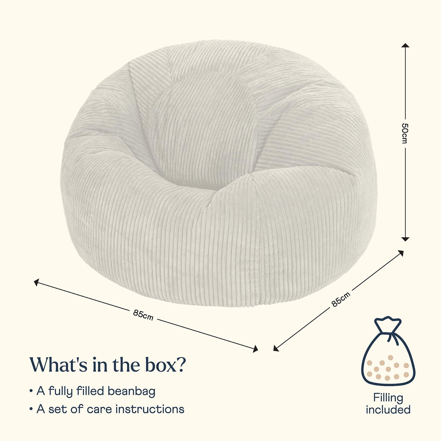 icon Kingston Cord Bean Bag, Beige, Large Adult Bean Bag Chair with Filling Included, Comfy Chair, Living Room Furniture, Bedroom Furniture