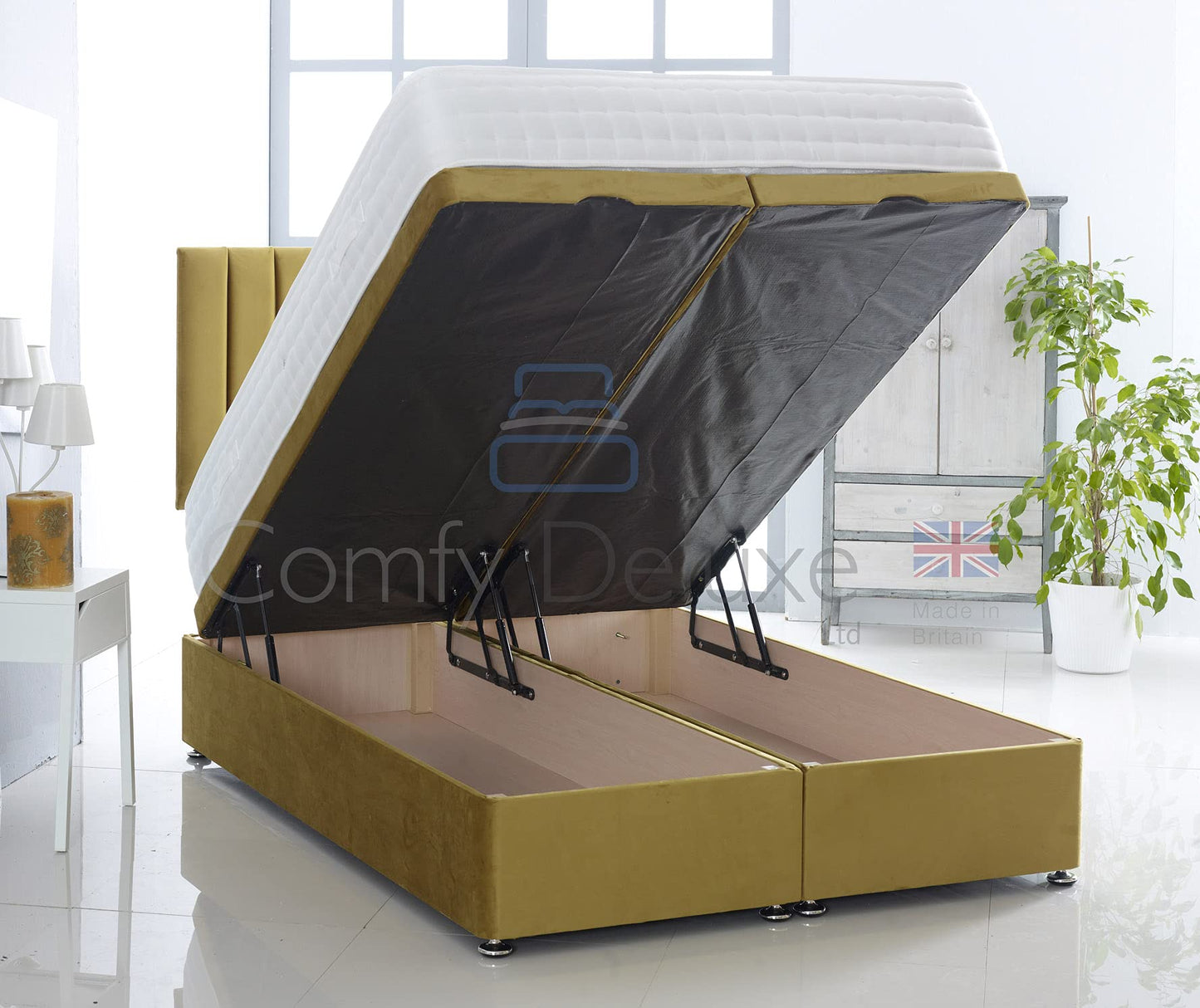 Plush Velvet Ottoman Divan Bed Foot Lift Open With 1000 Pocket Mattress And Horizontal Lined Headboard | Gas Lift Ottoman Storage Divan Bed Set (Silver, 5.0FT King Size)