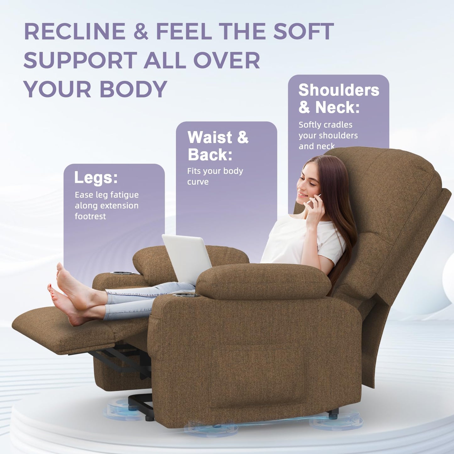 BareTay Recliner Armchair Electric Lift Chair with Massage & Heat, Extended Footrest, Oversized Riser Reclining Chair Lounge Sofa with Type C+USB, 2 Drink Holders, 4 Side Pockets