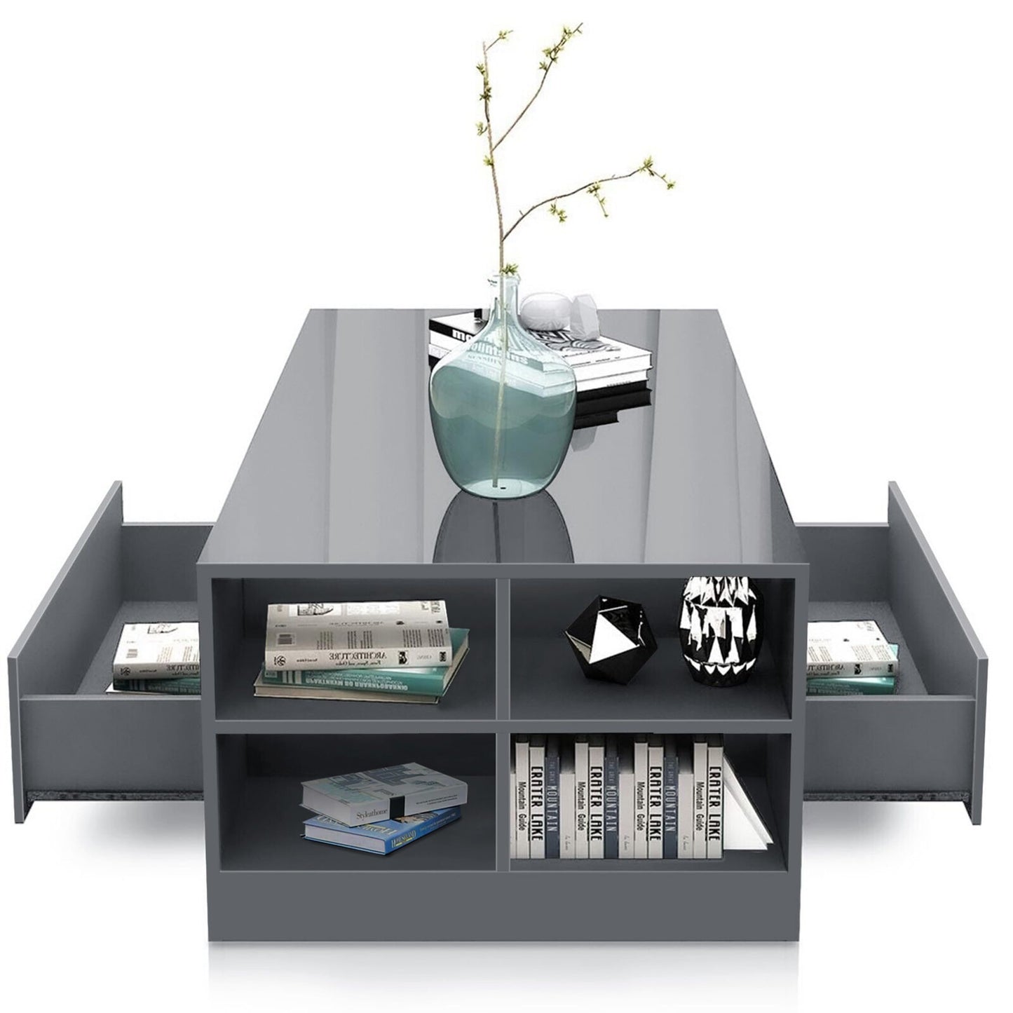 High Gloss Coffee Table, Coffee Table with Storage, Coffee Tables for Living Room with Led RGB Lights 2 Drawer Storage and Open Shelf Rectangle Centre Tea Table for Home Office Furniture, Grey