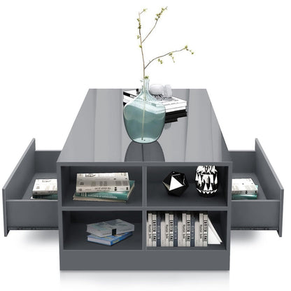 High Gloss Coffee Table, Coffee Table with Storage, Coffee Tables for Living Room with Led RGB Lights 2 Drawer Storage and Open Shelf Rectangle Centre Tea Table for Home Office Furniture, Grey