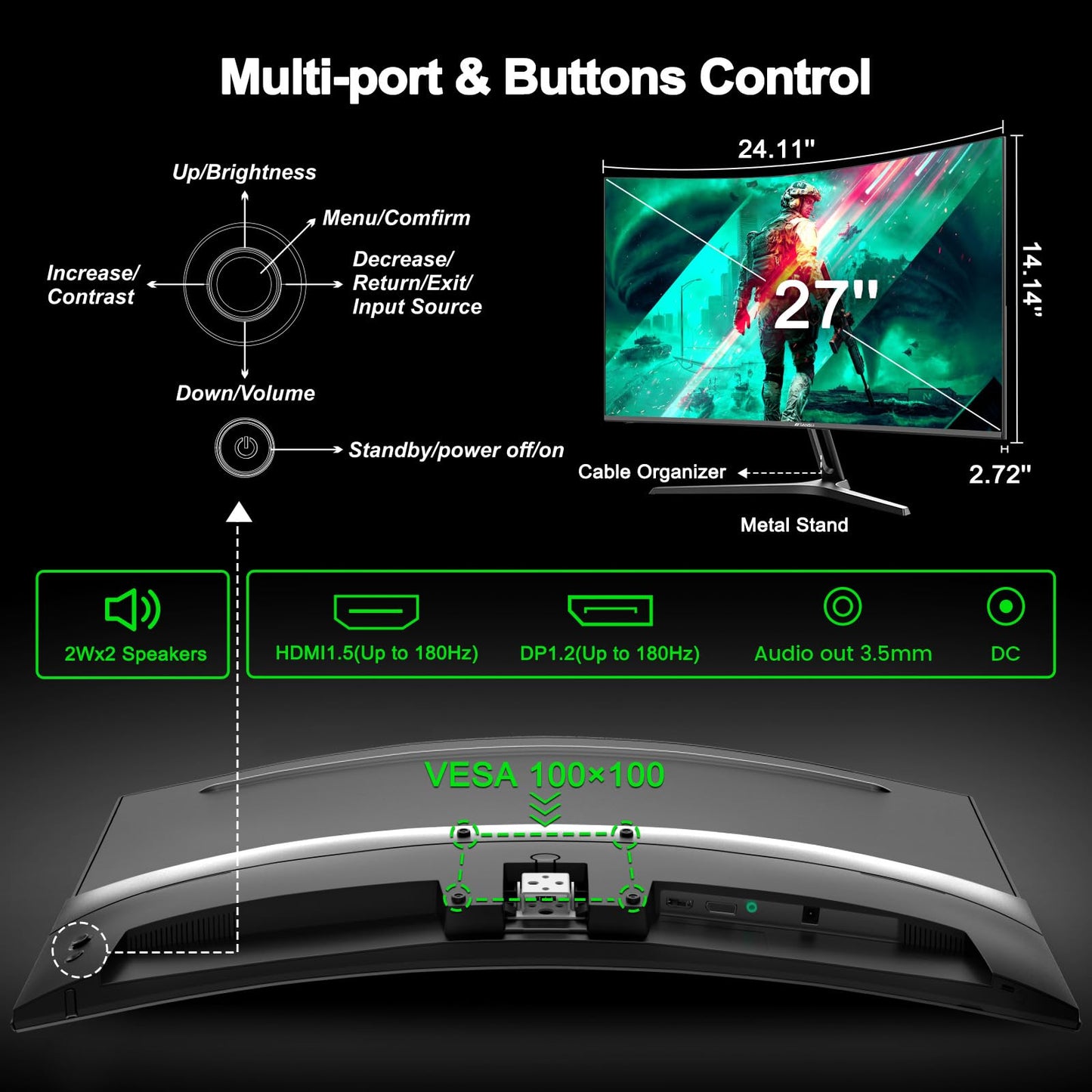 24 inch Curved Gaming Monitor 180Hz, 1ms, 130% sRGB, With Speakers, HDR, FreeSync, 300cd/m², VA, FHD 1080P, Frameless, HDMI1.4 DP1.2 Ports (MFG24C1 HDMI included)