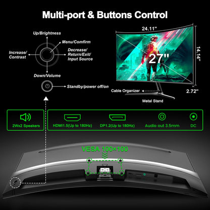 24 inch Curved Gaming Monitor 180Hz, 1ms, 130% sRGB, With Speakers, HDR, FreeSync, 300cd/m², VA, FHD 1080P, Frameless, HDMI1.4 DP1.2 Ports (MFG24C1 HDMI included)