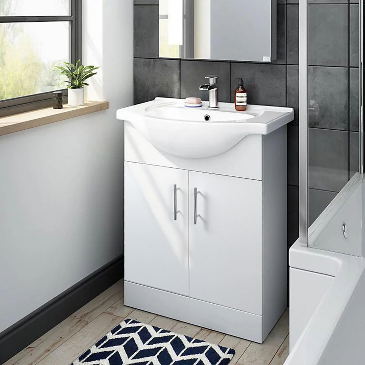 Home Treats 450 Vanity Unit Furniture, Ceramic Wash Basin Sink, Floor Standing, Soft Close Doors Bathroom Storage Cabinet - White (Vanity 45cm)