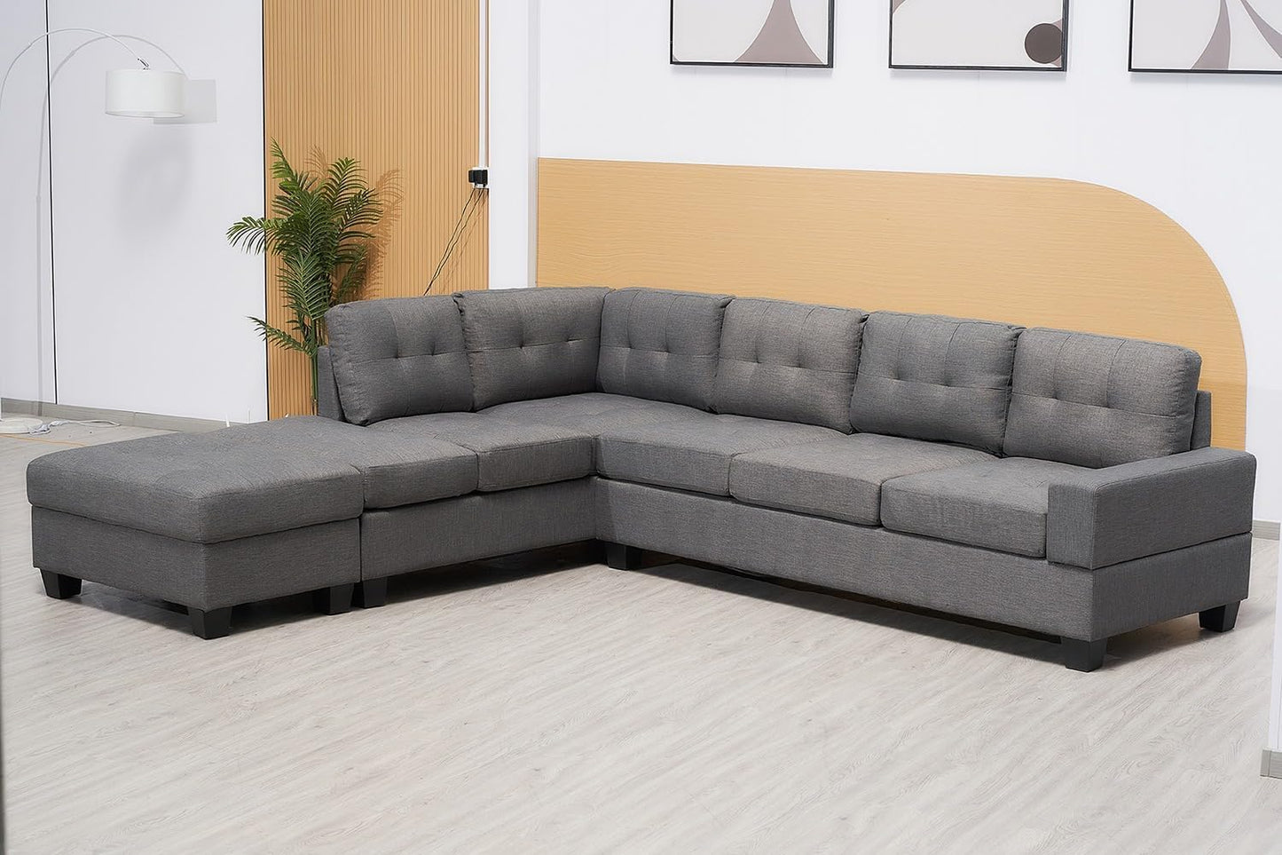 Western Grey Fabric Corner Sofa suite With Drop Down Cup Holder And Ottoman for livingrooms -Cheap sofas & couches-3020 (Grey Fabric, Right Hand Side)