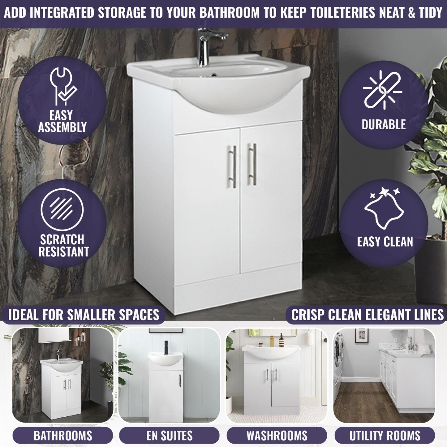 Home Treats 450 Vanity Unit Furniture, Ceramic Wash Basin Sink, Floor Standing, Soft Close Doors Bathroom Storage Cabinet - White (Vanity 45cm)