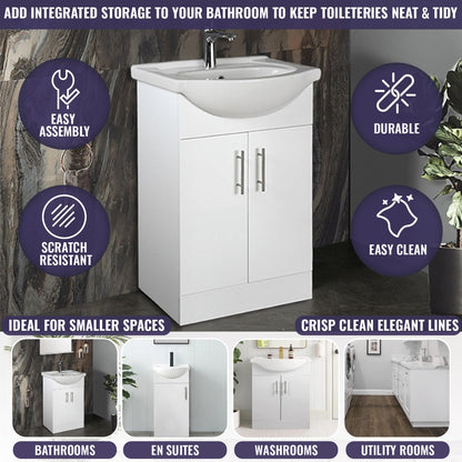 Home Treats 450 Vanity Unit Furniture, Ceramic Wash Basin Sink, Floor Standing, Soft Close Doors Bathroom Storage Cabinet - White (Vanity 45cm)